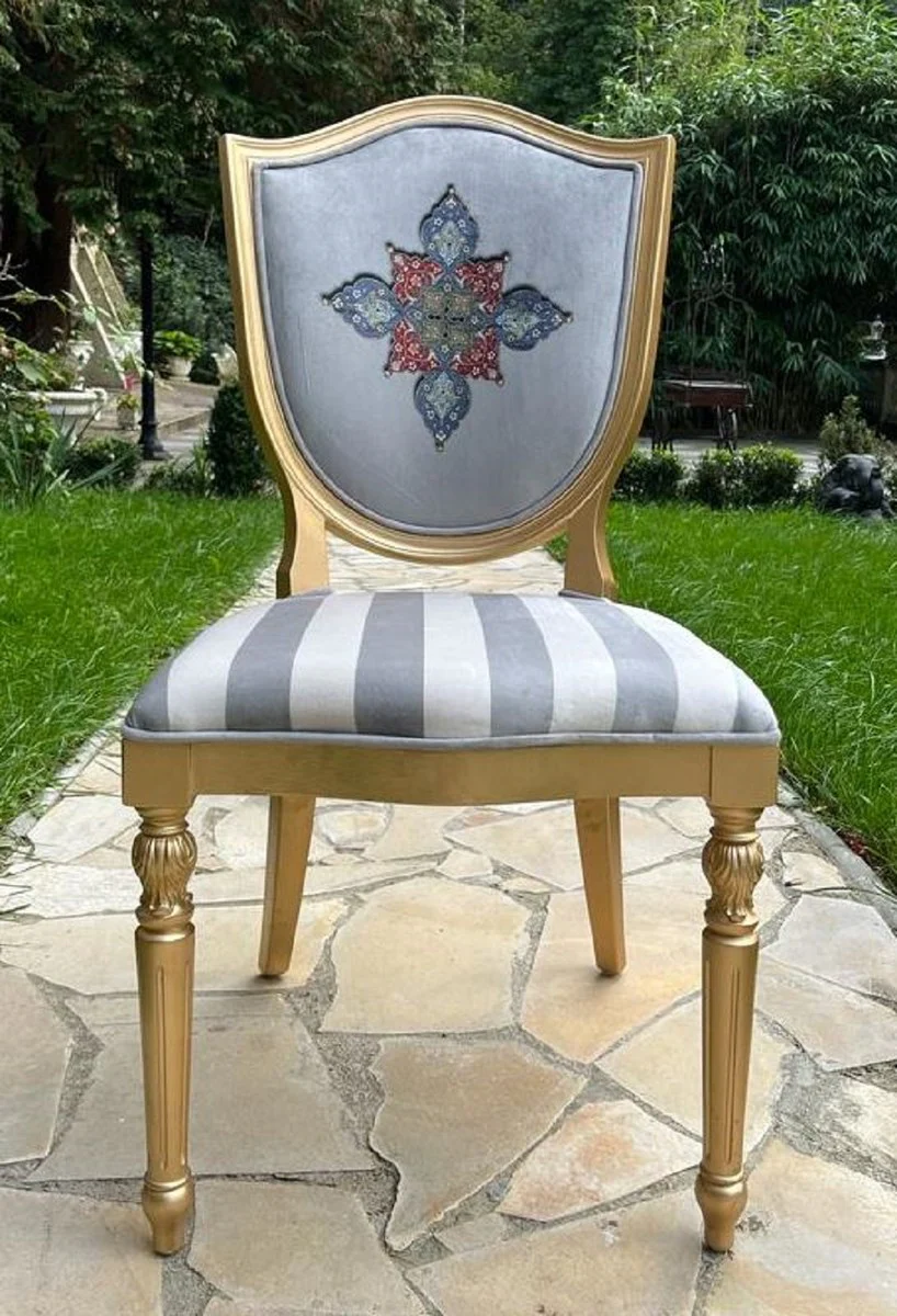 Luxury Art Deco Dining Room Chair with Design and Stripes Gray / White / Multicolor / Gold - Elegant Solid Wood Chair - Art Deco Dining Room Furniture