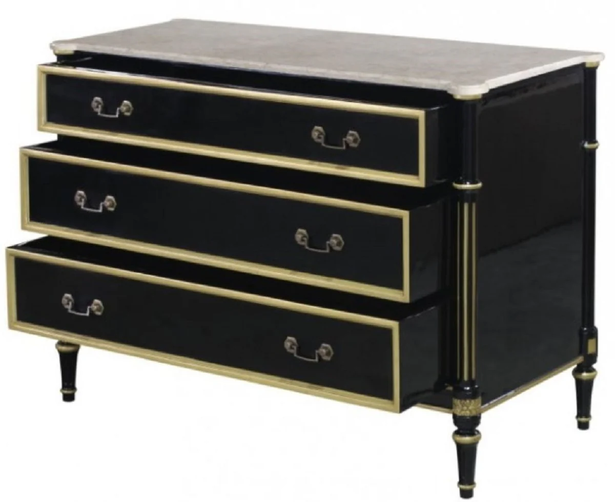 Luxury baroque chest of drawers with 3 drawers and marble top black / gold / white 111.3 x 52.6 x H. 81.3 cm - luxury furniture in the baroque style