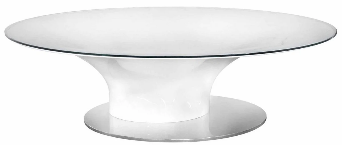 Luxury coffee table high gloss white / silver Ø 140 x H. 40 cm - Round living room table with glass top - Luxury living room furniture