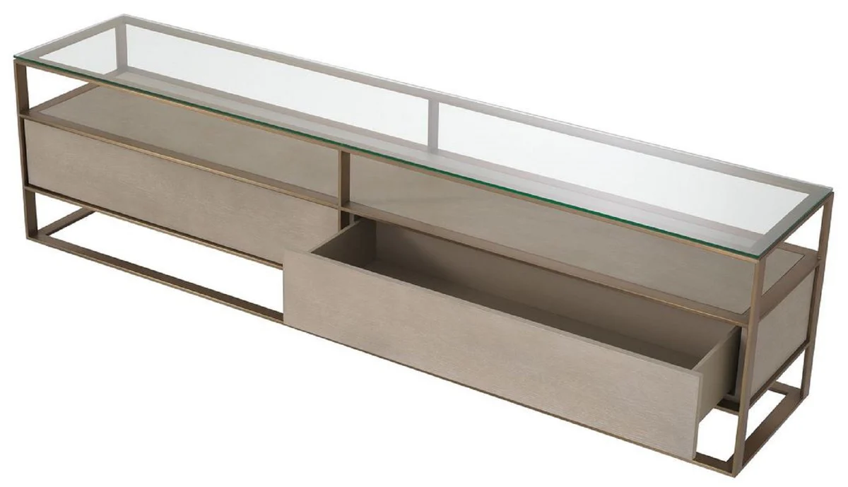 Luxury TV cabinet 220 x 46 x H. 56.5 cm - Sideboard with glass top and 2 drawers - Luxury living room furniture