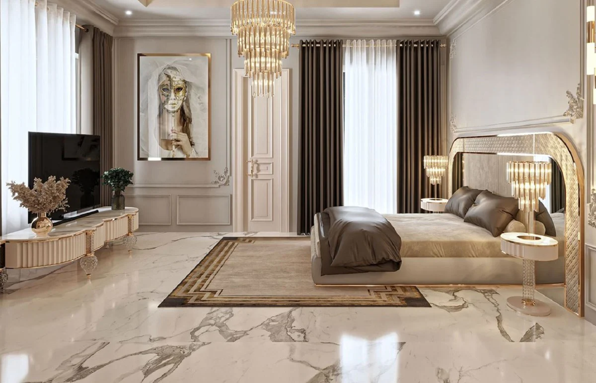 Luxury Art Deco double bed gray / gold 350 x 209.5 x H. 140 cm - Elegant solid wood bed with mirrored headboard - Luxury bedroom furniture - Hotel furniture - Art Deco furniture