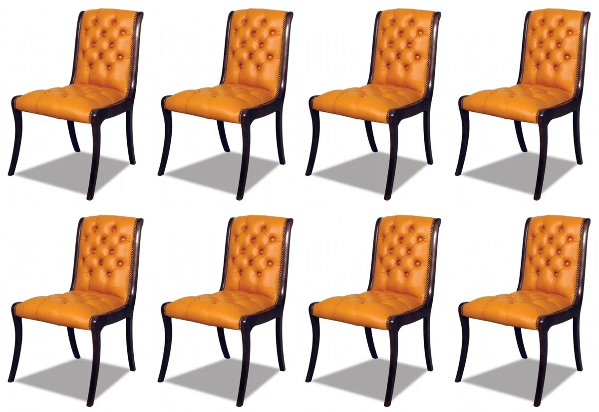 Luxury Chesterfield leather dining chair set of 8 orange / dark brown 50 x 47 x H. 95 cm - Chesterfield genuine leather kitchen chairs - Chesterfield furniture - leather furniture - luxury furniture