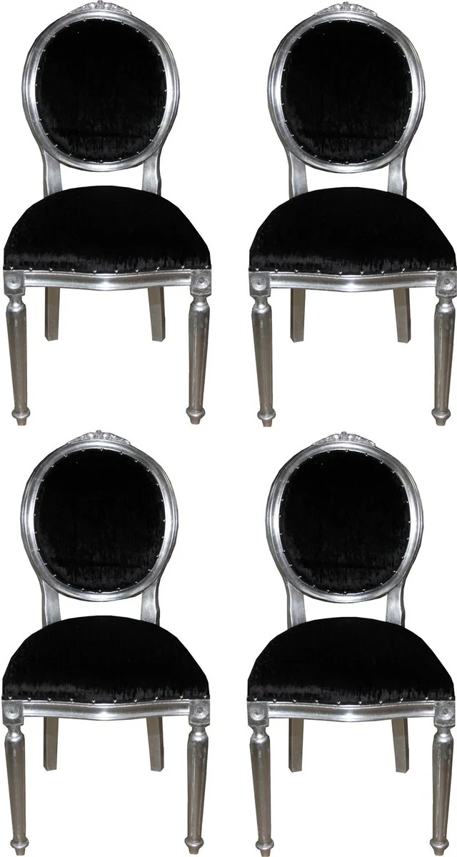Luxury Baroque dining room set medallion black / silver 50 x 52 x H. 99 cm - 4 handmade dining chairs - Baroque dining room furniture