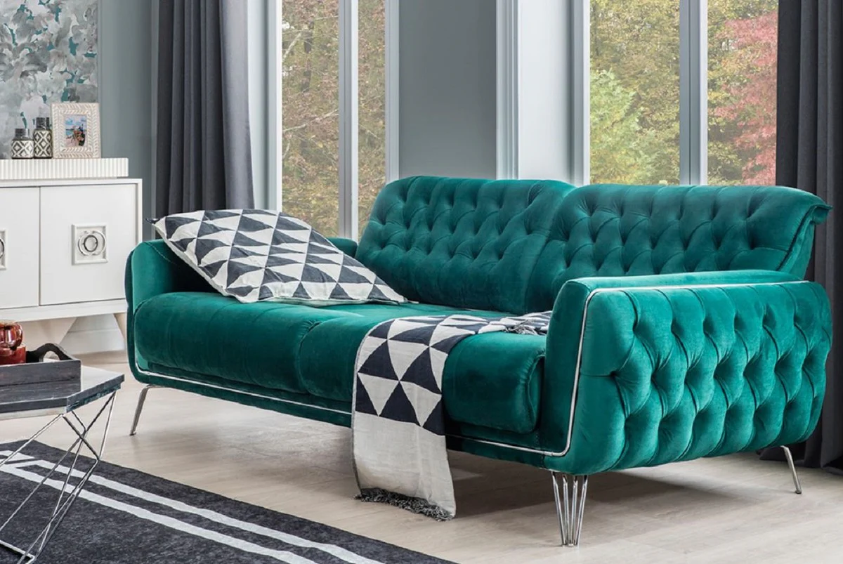 Luxury Chesterfield sofa bed green / silver 230 x 95 x H. 75 cm - Modern living room sofa - Chesterfield living room furniture
