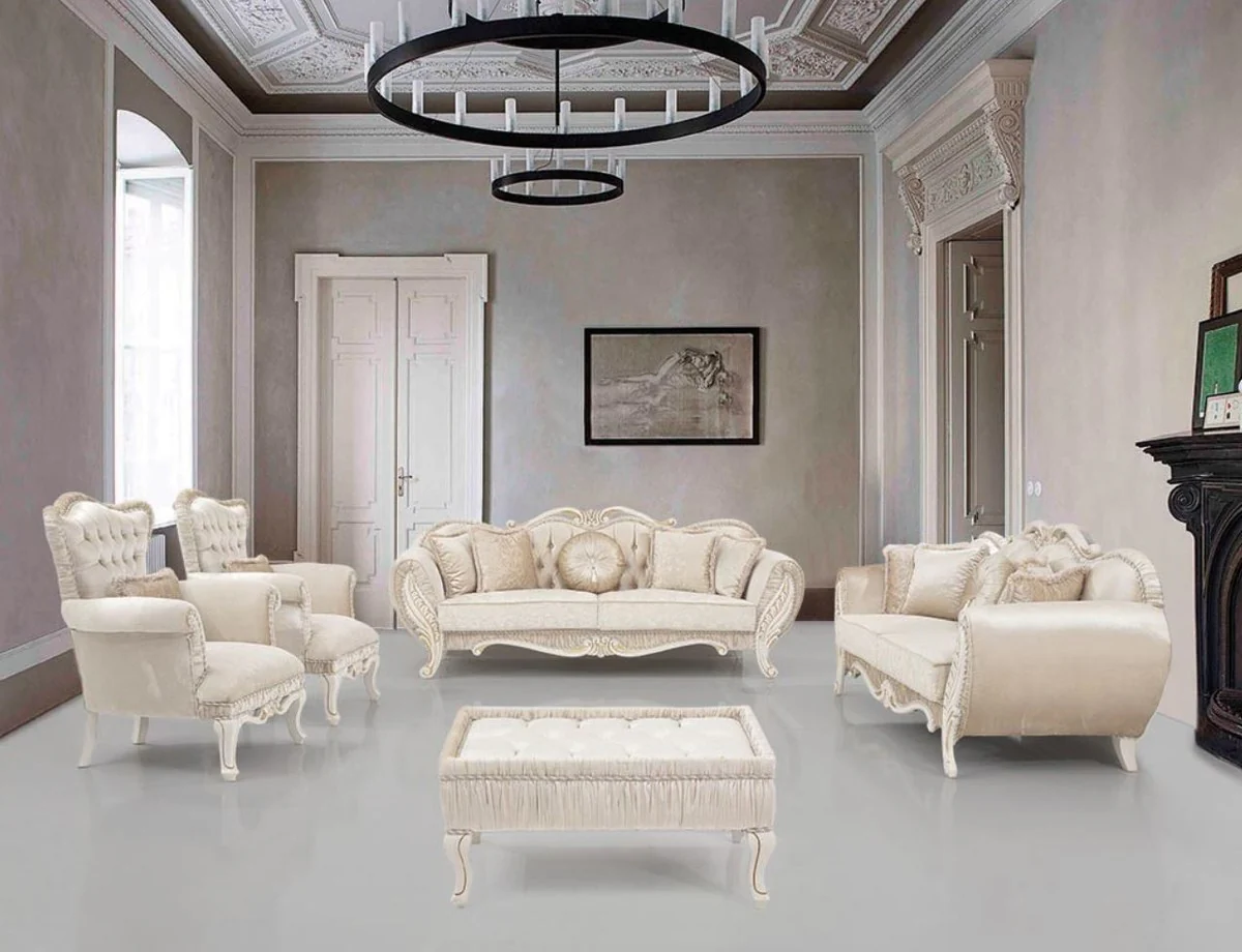 Luxus Barock Wohnzimmer Set Beige / Creme / Gold - 2 Sofas & 2 Sessel & 1 Beistelltisch - Wohnzimmer Möbel im Barockstil - Edel & Prunkvoll