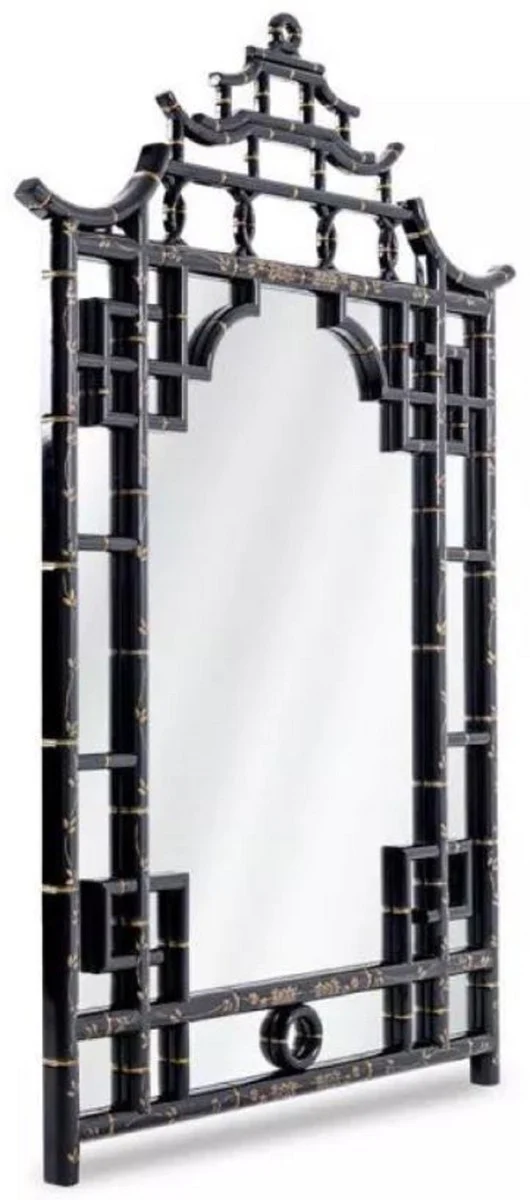Luxus Spiegel Schwarz / Gold 110 x 5 x H. 170 cm - Prunkvoller asiatischer Mahagoni Wandspiegel - Luxus Möbel im asiatischen Stil - Luxus Kollektion