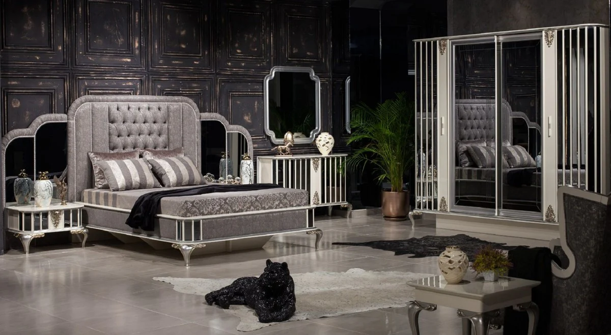 Luxury Baroque Bedroom Wardrobe White / Gray / Silver - Mirrored Solid Wood Wardrobe in Baroque Style - Baroque Bedroom Furniture - Noble & Magnificent