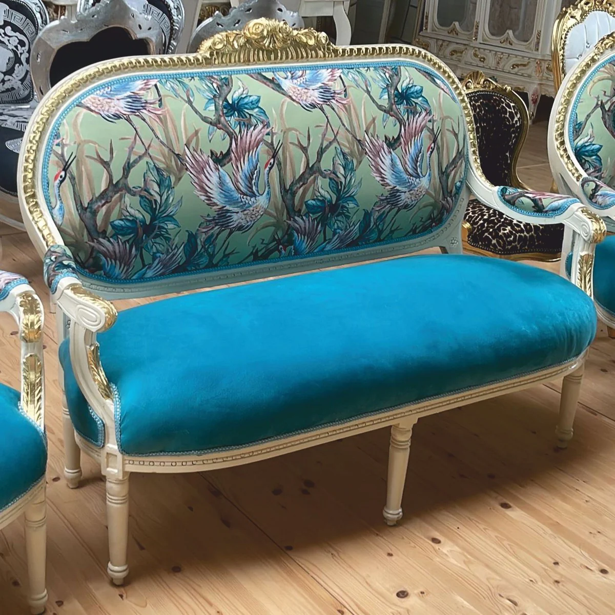 Baroque 2 seater sofa blue / colorful / white / gold 150 cm - Baroque furniture