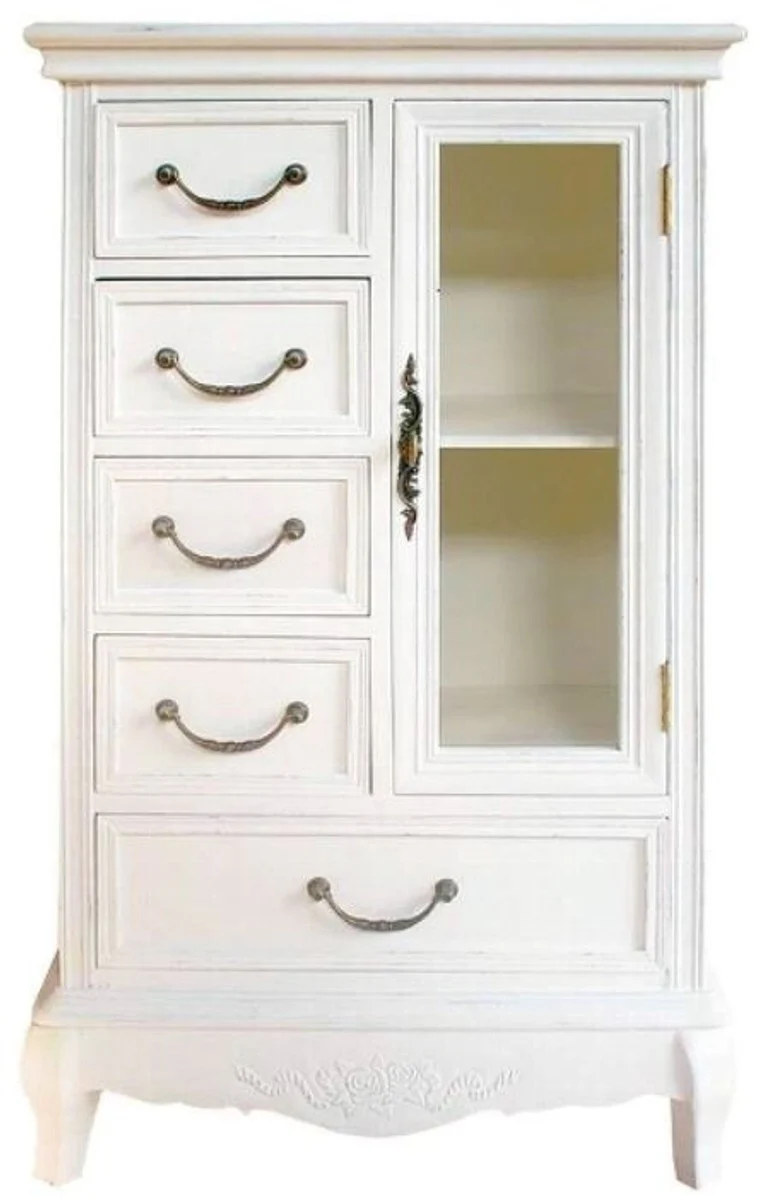 Country house style cupboard with door and 5 drawers white 50 x 30 x H. 92 cm - Handcrafted small living room cupboard in country house style