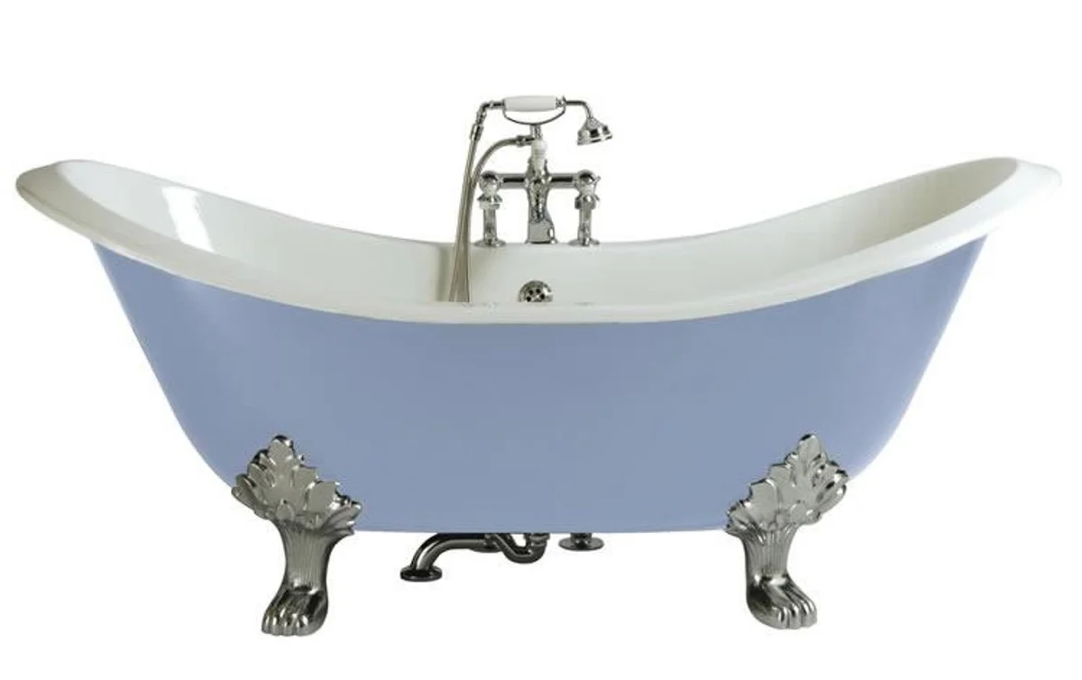 Luxury Art Nouveau cast iron bathtub light blue / white / silver 180 x 77 x H. 79 cm - Curved freestanding bathtub - Baroque & Art Nouveau bathroom furniture