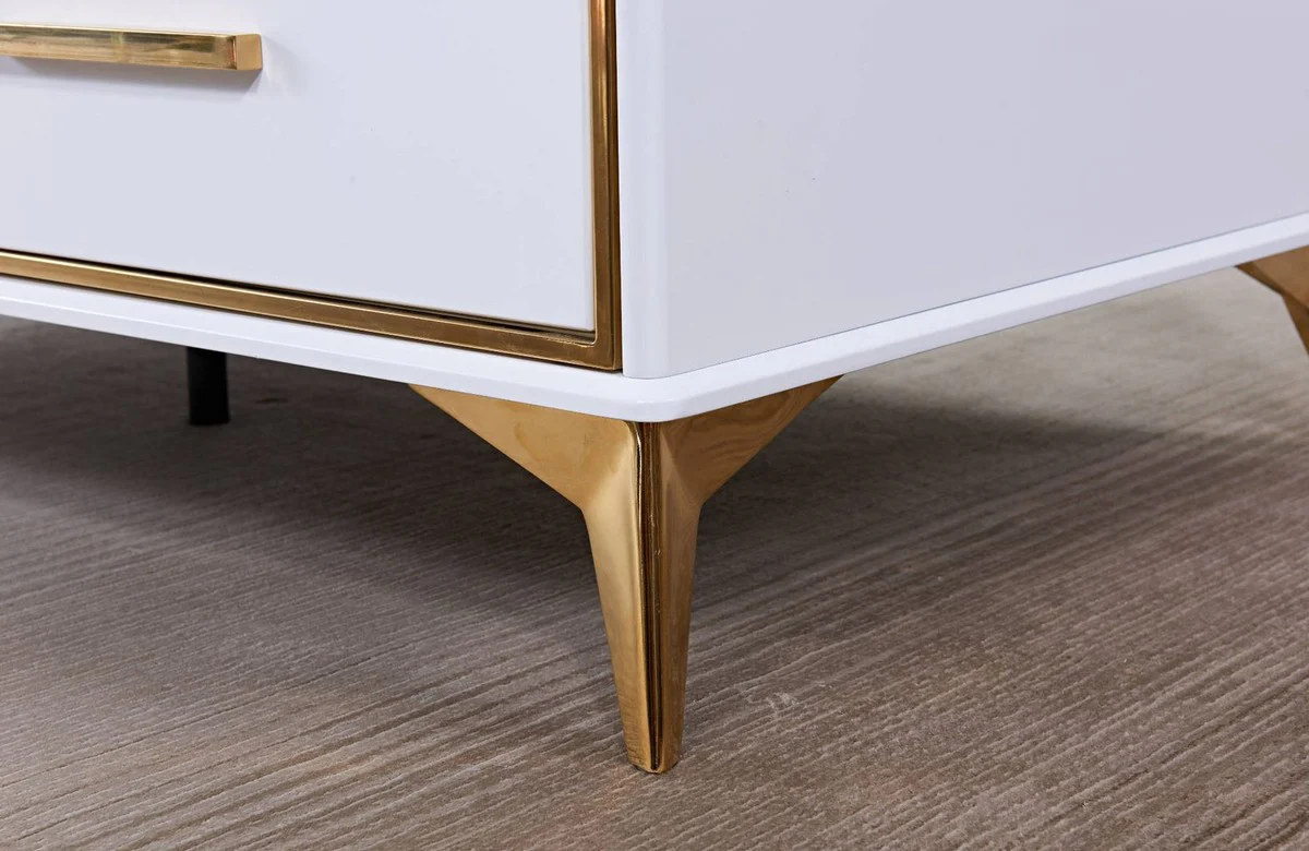 Luxury coffee table white / gold 130 x 70 x H. 41 cm - Modern living room table with 2 drawers - Modern living room furniture