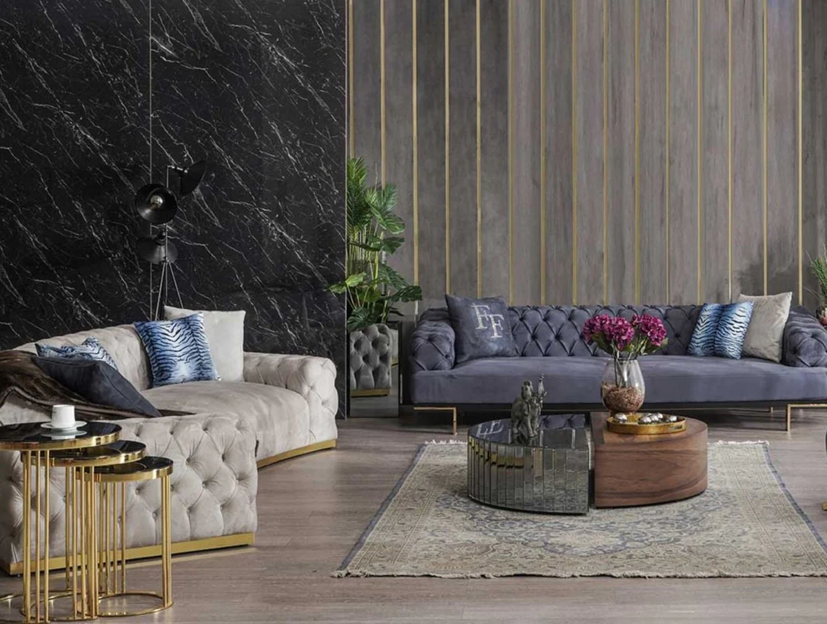 Luxury Chesterfield sofa gray / gold 380 x 100 x H. 72 cm - Curved living room sofa - Hotel sofa - Living room furniture - Chesterfield furniture - Luxury furniture - Luxury furnishings