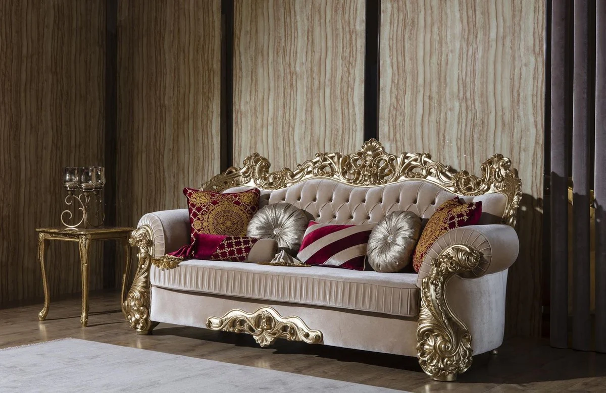 Luxury baroque sofa beige / gold 244 x 95 x H. 123 cm - Magnificent living room sofa with decorative pillows - Baroque living room furniture