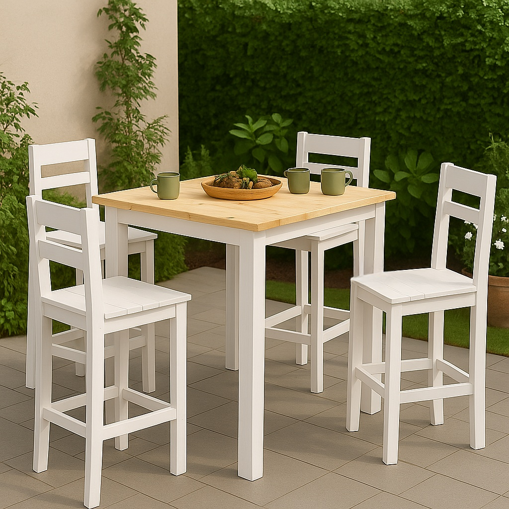 Gartenbar-Set, weiß/naturfarbene Kiefer, für den Außenbereich, 82,5 x 82,5 x 110 cm