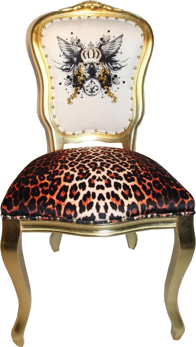Pompöös by Luxury Baroque Dining Chair Leopard / White / Gold Glitter Crown & Angel Wings - Pompööser Baroque Chair designed by Harald Glööckler