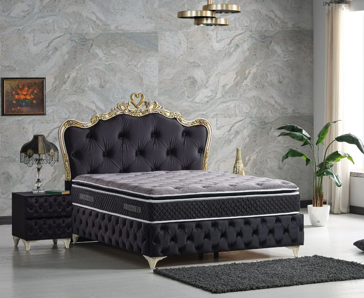 Luxury Baroque Bedroom Furniture Set Black / Cream / Gold - Various Sizes - 1 Baroque Double Bed with Mattress & 2 Baroque Nightstands - Baroque Bedroom & Hotel Furniture