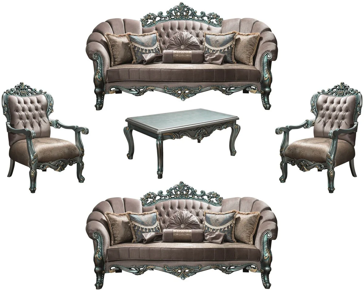 Luxus Barock Wohnzimmer Set Grau / Grün / Gold - 2 Sofas & 2 Sessel & 1 Couchtisch - Wohnzimmermöbel im Barockstil - Edel & Prunkvoll