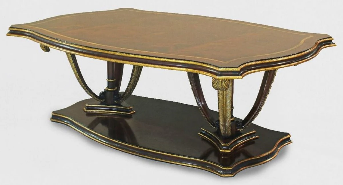 Luxury baroque coffee table brown / gold 130 x 90 x H. 44 cm - mahogany living room table with decorative hand-carved feathers - noble baroque style living room furniture
