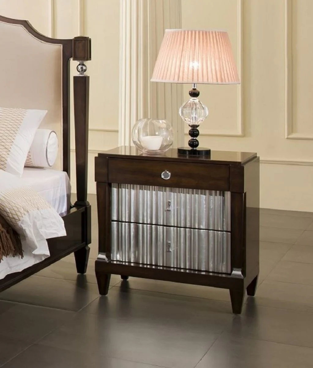 Neoclassical luxury nightstand dark brown / silver 66.5 x 46.5 x H. 70 cm - Elegant solid wood bedside table with 3 drawers - Bedroom furniture in neoclassical style