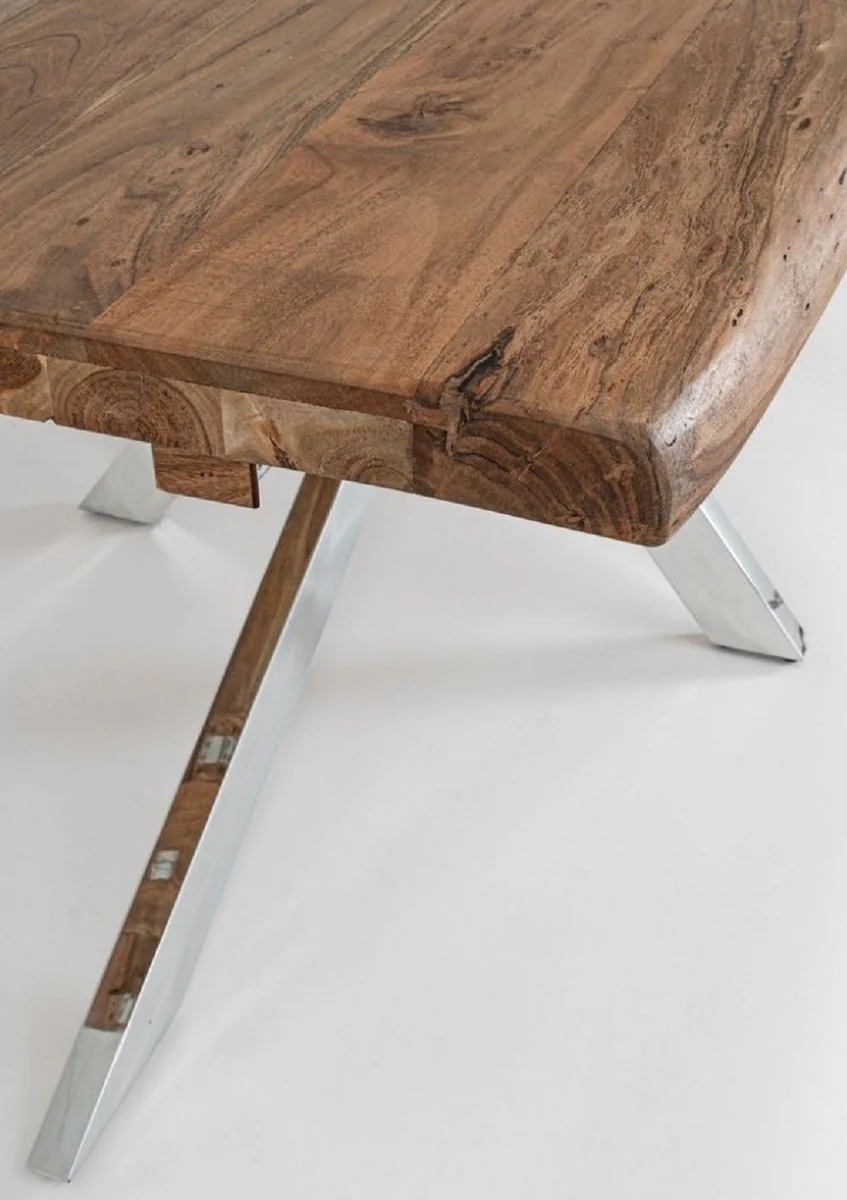 Luxury dining table brown / silver 180-260 x 90 x H. 77 cm - Extendable kitchen table with solid wood table top and stainless steel legs - Dining room furniture - Kitchen furniture - Luxury furniture