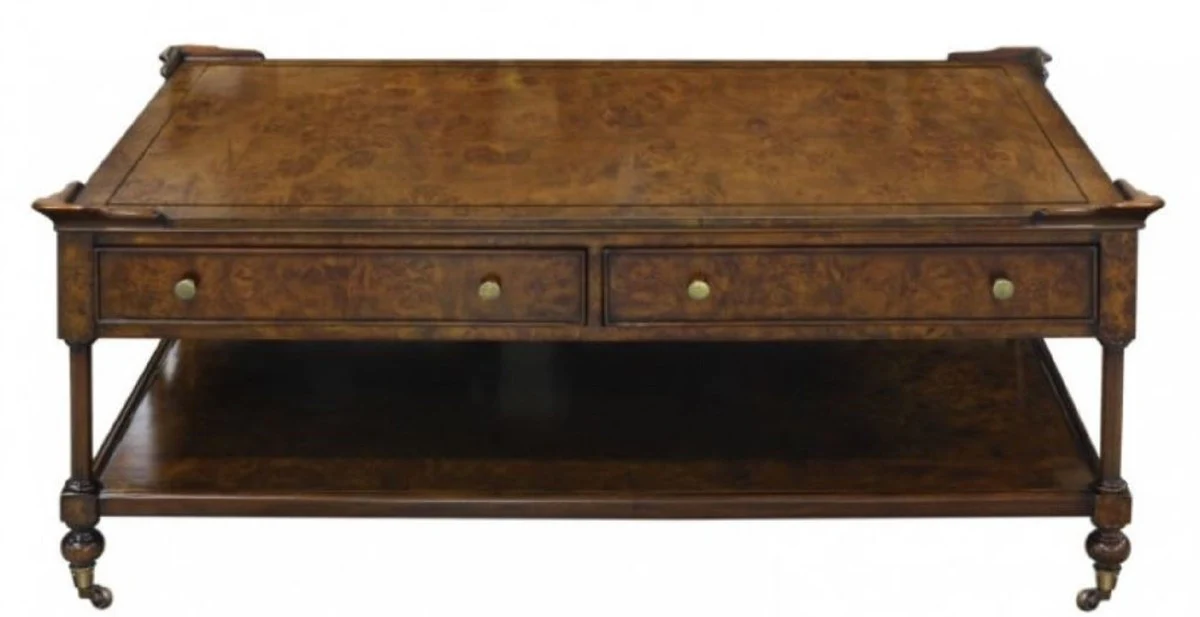 Luxury Art Nouveau coffee table brown 125 x 81 x H. 48 cm - living room table with wheels and 2 drawers