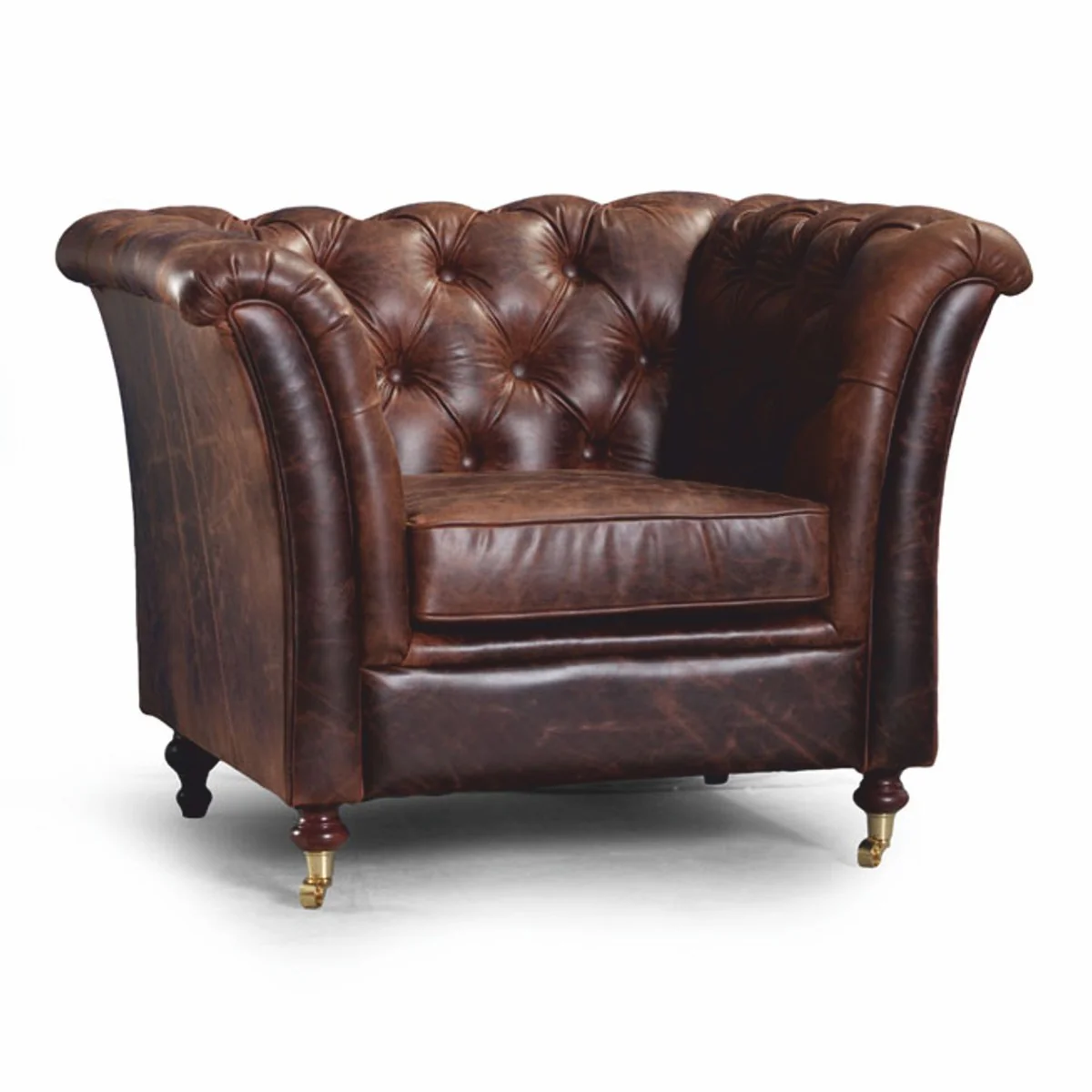 Luxury Chesterfield genuine leather armchair vintage brown / brass - genuine leather furniture