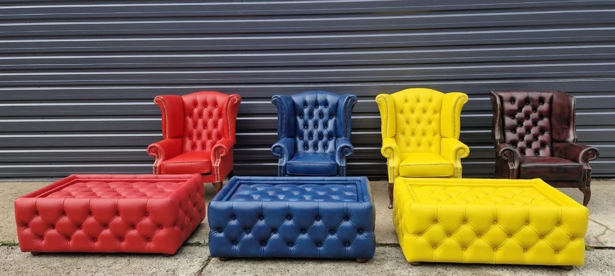 Luxury Chesterfield wing chair yellow / dark brown 98 x 90 x H. 110 cm - genuine leather Chesterfield living room armchair - living room furniture - Chesterfield furniture - luxury leather furniture