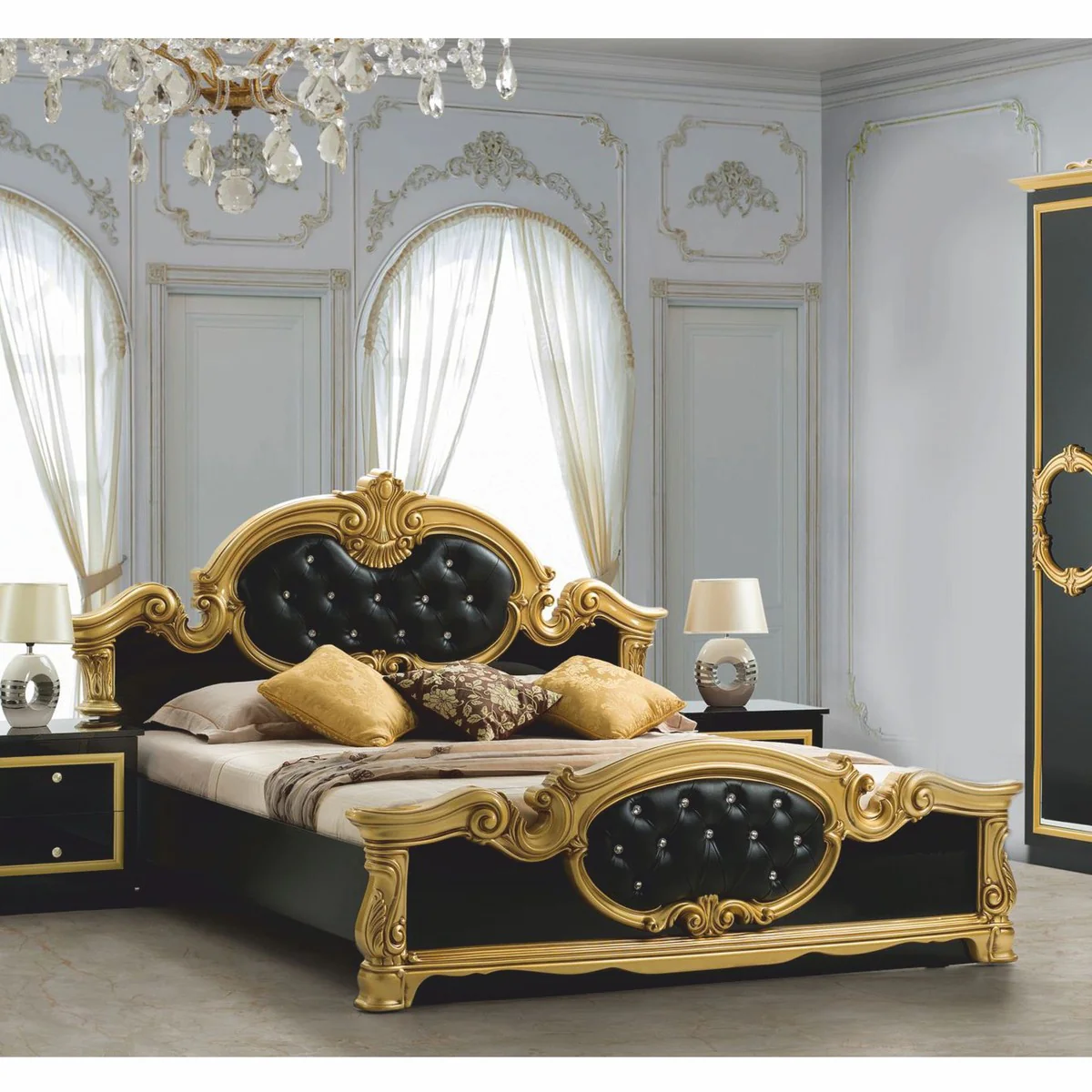Luxury baroque double bed with rhinestones black / gold - bedroom furniture