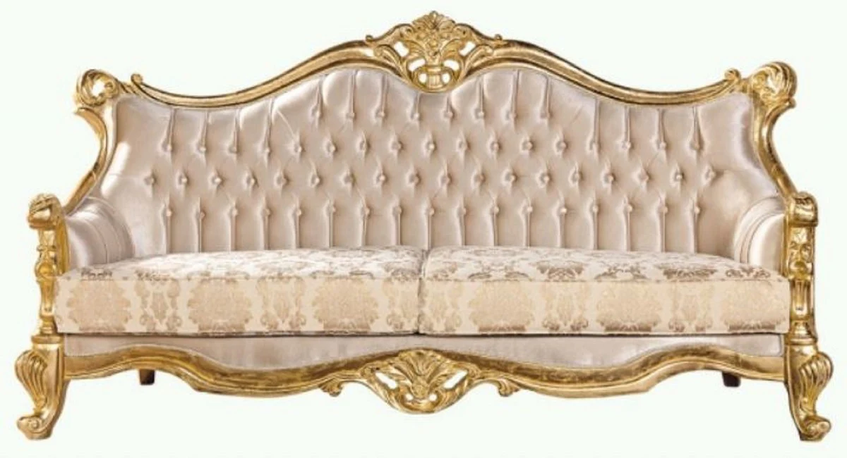 Luxus Barock Sofa Beige / Gold - Prunkvolles Wohnzimmer Sofa mit Muster - Barock Wohnzimmer Möbel - Edel & Prunkvoll