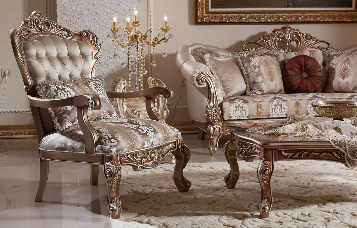 Luxury Baroque Living Room Set Gray / Copper / Silver - 2 Baroque Sofas & 2 Baroque Armchairs & 1 Baroque Coffee Table - Luxury Living Room Furniture in Baroque Style - Baroque Furniture - Baroque Furnishings