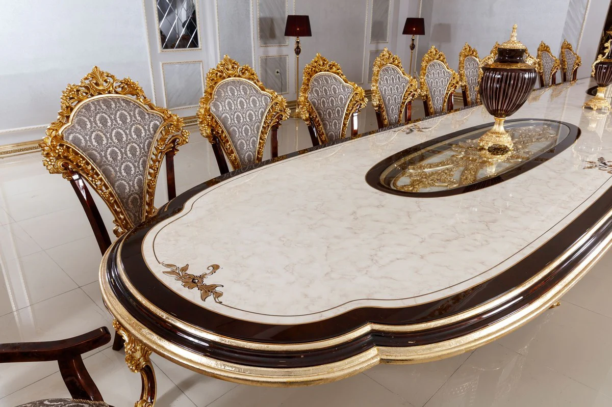 Luxury Baroque Dining Room Set White / Brown / Gray / Gold - 1 Baroque Dining Table & 22 Baroque Dining Chairs - Hotel Furniture - Castle Furniture - Palace Furniture - Luxury Furniture in Baroque Style