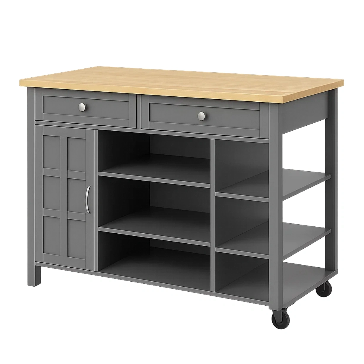 Rechteckige Kücheninsel mit Rollen, aus grauem MDF, mit Holzarbeitsplatte, Schubladen, Tür und Regalen, Maße: 120 cm lang, 48 cm breit, 90 cm hoch, für die heimische Küche - J1mKJkhFUOyb