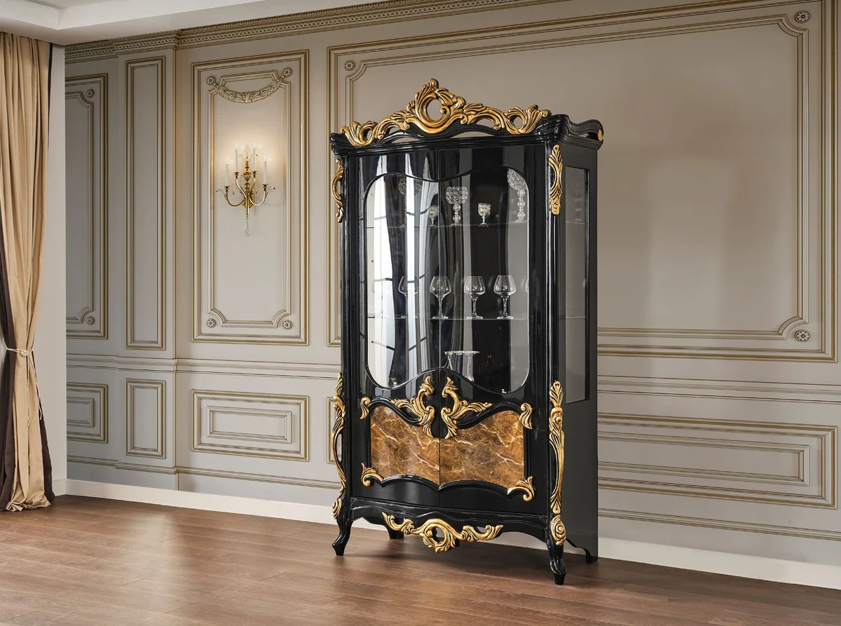 Luxury baroque display cabinet black / brown / gold 156 x 50 x H. 220 cm - magnificent solid wood display cabinet with 2 glass doors - baroque furniture