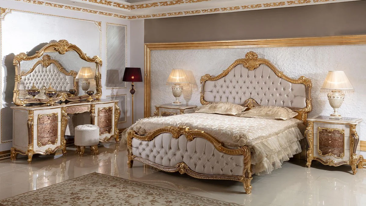 Luxury baroque night dresser with 3 drawers white / brown / gold