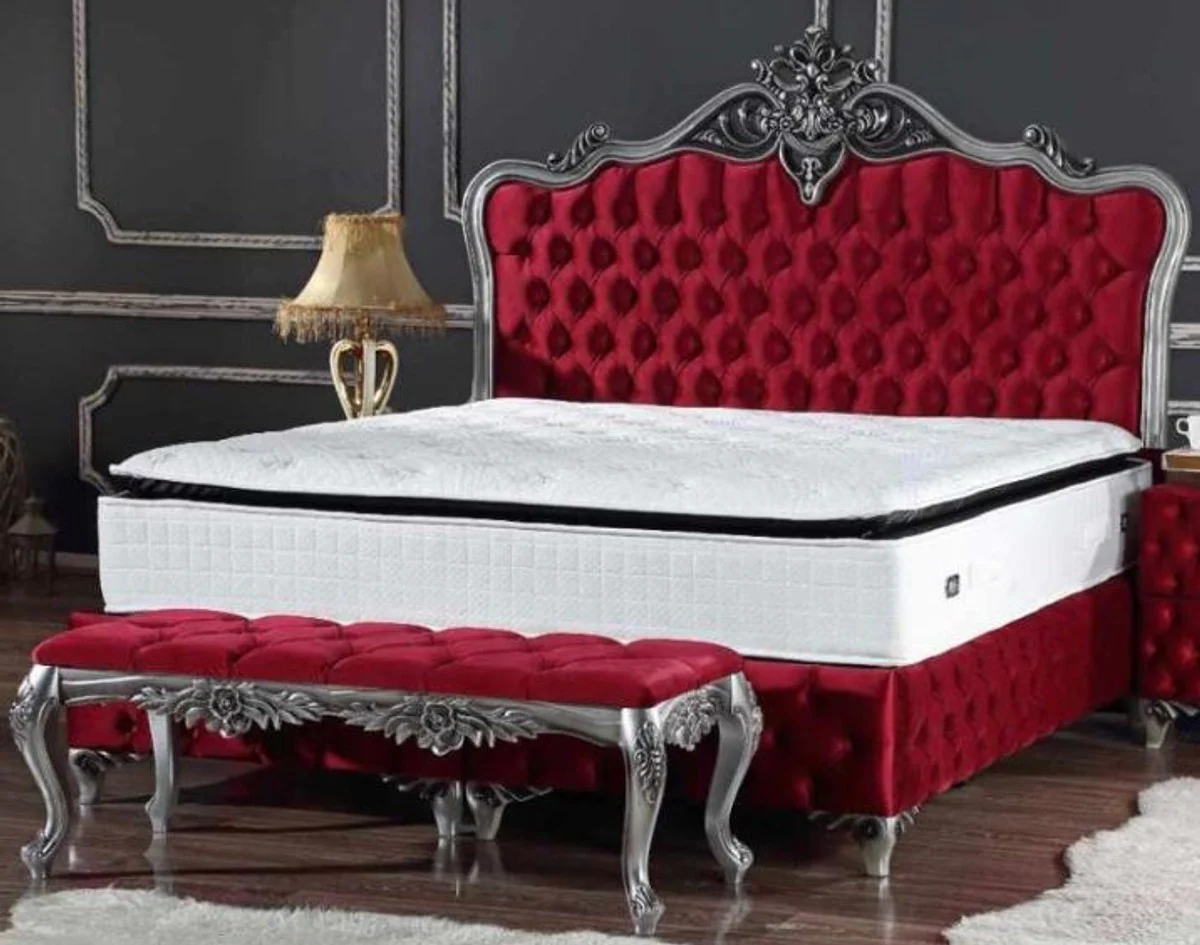 Baroque double bed Bordeaux red / silver - Magnificent bed with mattress - Baroque furniture