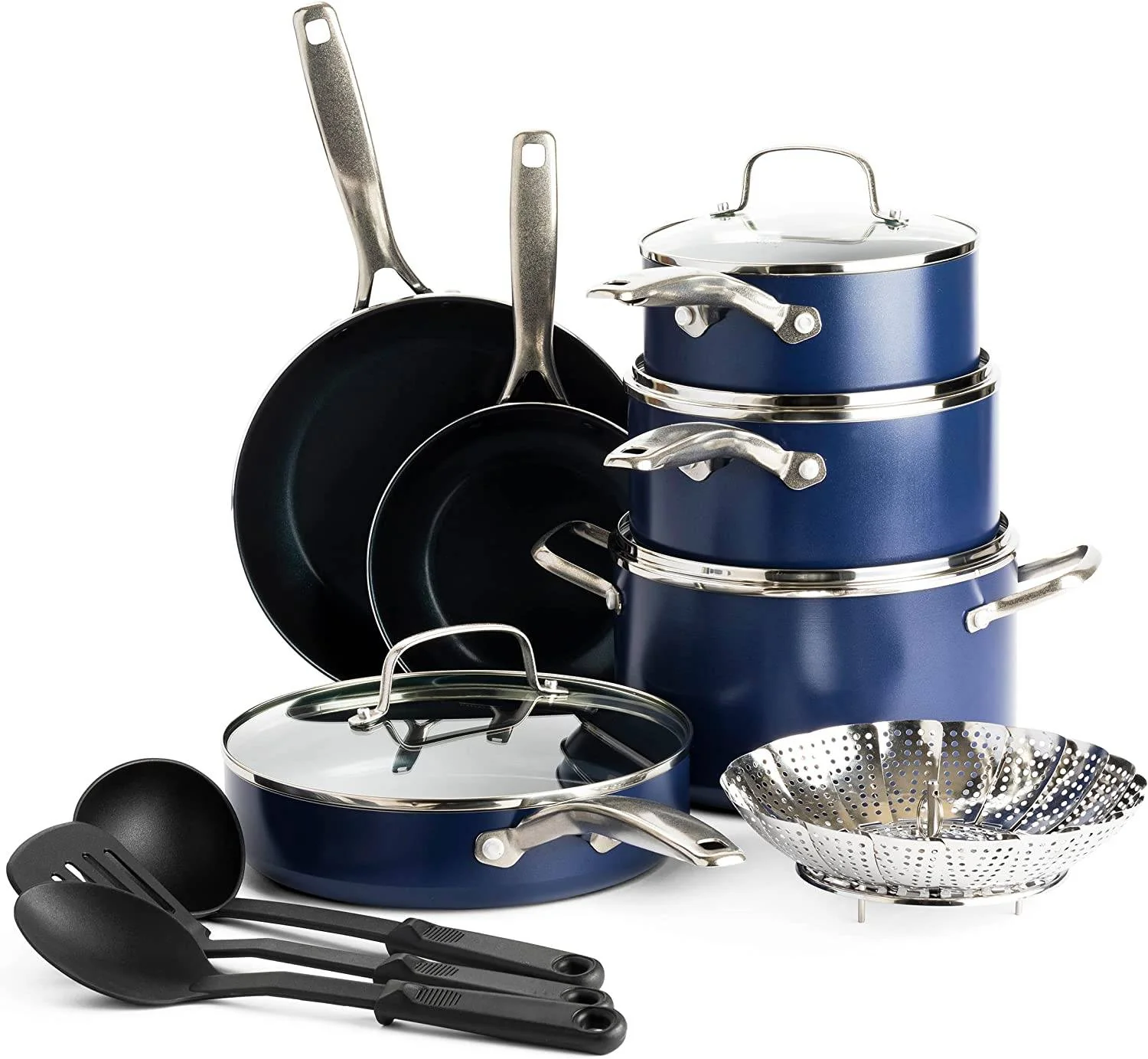 Diamond Cookware Diamond Infused Ceramic Antihaft-Kochgeschirr-Set, 14-teilig, Töpfe und Pfannen, PFAS-frei, spülmaschinenfest, ofenfest, blau