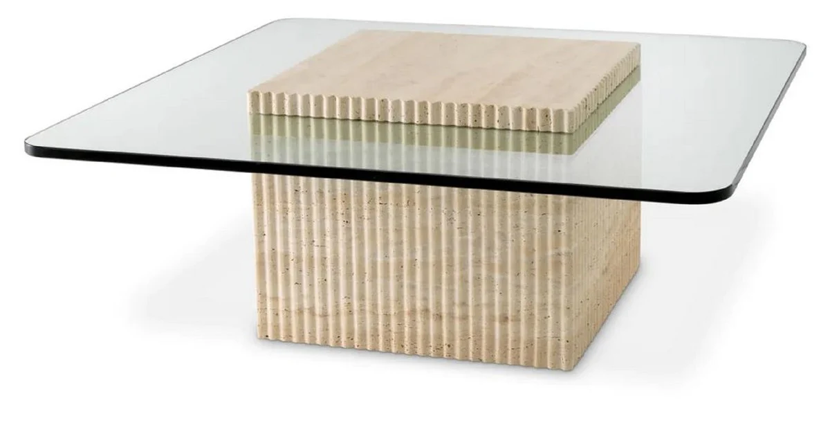 Luxury travertine coffee table beige 90 x 90 x H. 35 cm - Square natural stone living room table with glass top - Living room furniture - Luxury furniture - Luxury furnishings