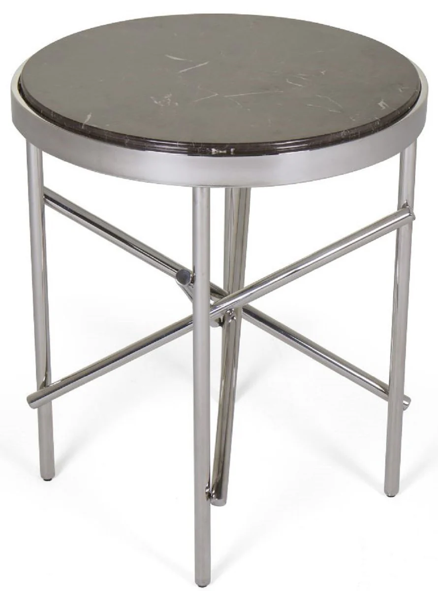 Luxury side table dark brown / silver Ø 51 x H. 60 cm - Round table with marble top and stainless steel frame - Luxury living room furniture