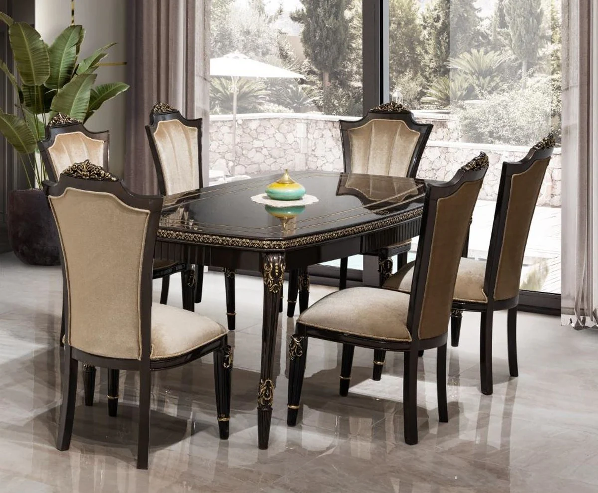 Luxury Baroque Dining Room Set Light Brown / Dark Brown / Gold - 1 Dining Table & 6 Dining Chairs