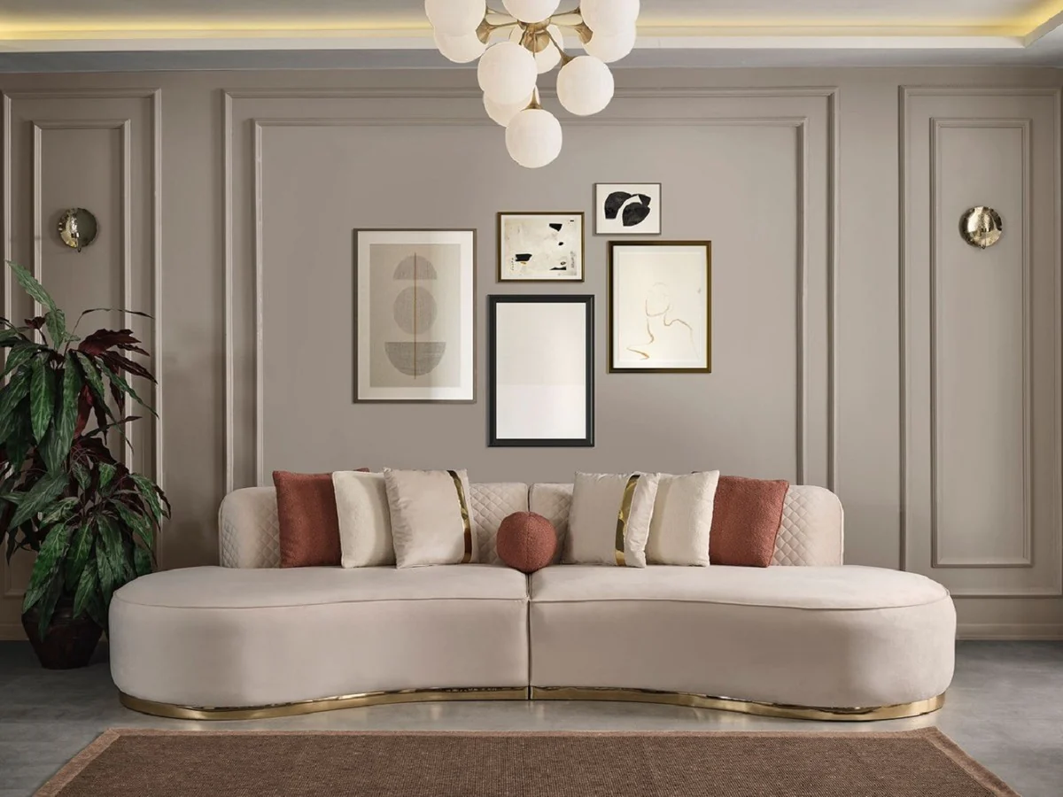 Luxus Wohnzimmer Set Creme / Gold - 2 Luxus Sofas & 1 Luxus Drehsessel & 1 Luxus Hocker - Wohnzimmer Möbel - Luxus Möbel - Luxus Einrichtung - Wohnzimmer Einrichtung