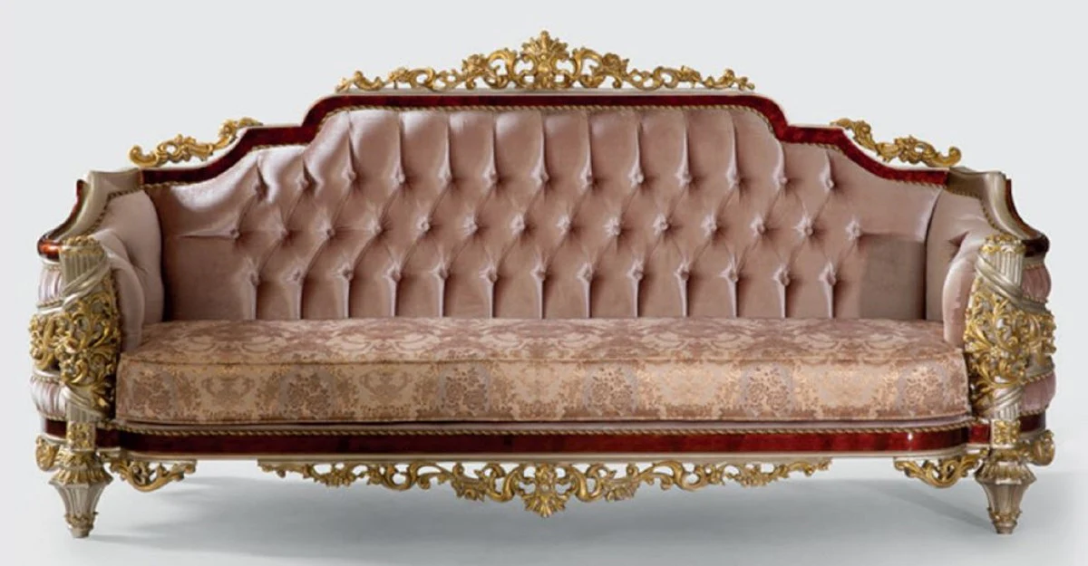 Luxury baroque sofa pink / brown / silver / gold 240 x 90 x H. 116 cm - magnificent living room sofa with an elegant pattern - furniture in the baroque style