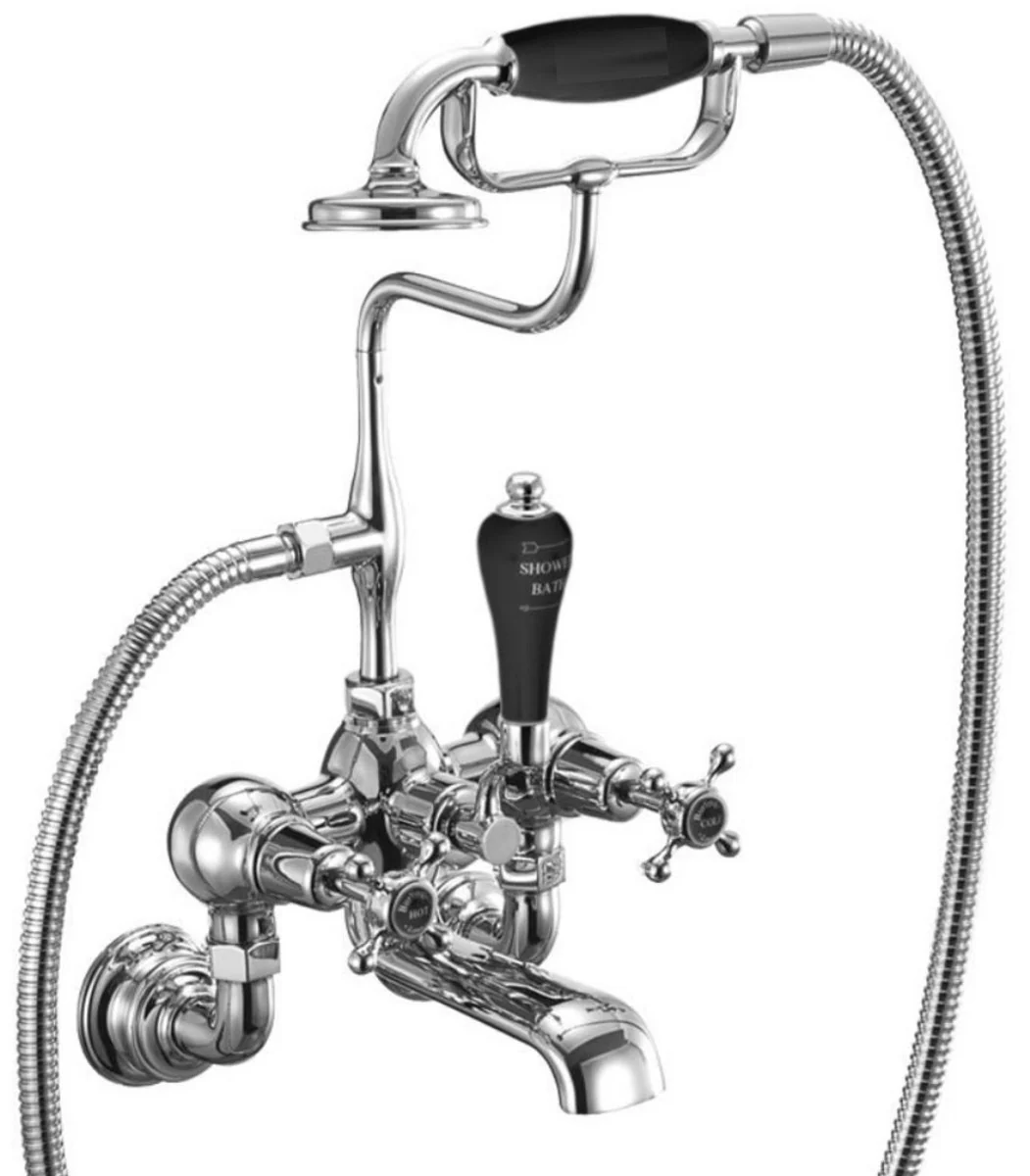 Luxury Art Nouveau surface-mounted bathtub mixer silver / black H. 46.95 cm - Nostalgic brass bathtub mixer with hand shower - Nostalgic bathroom accessories