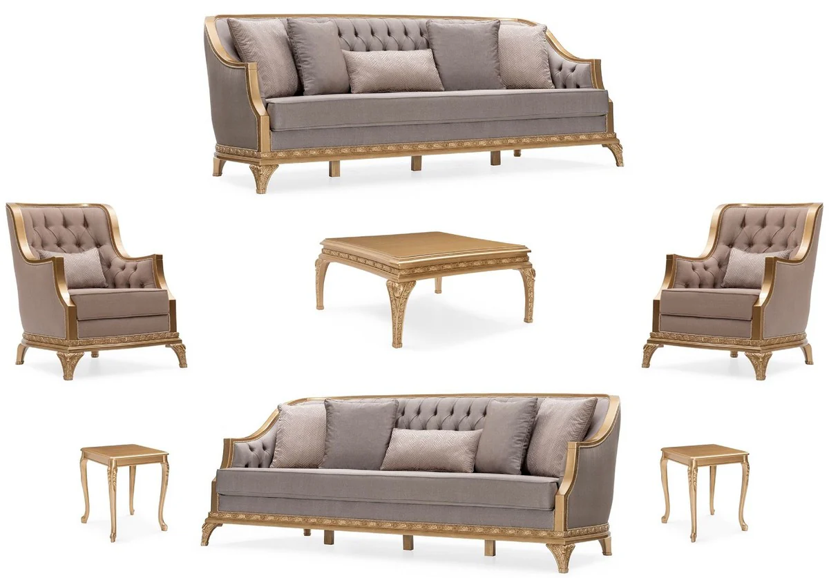 Luxus Barock Wohnzimmer Set Grau / Braun / Gold - 2 Sofas & 2 Sessel & 1 Couchtisch & 2 Beistelltische - Handgefertigte Luxus Wohnzimmer Möbel im Barockstil - Edel & Prunkvoll