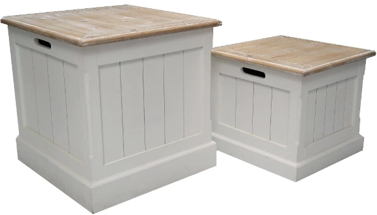 Country house style chests set of 2 white / natural colors - handmade wooden chests in panel look