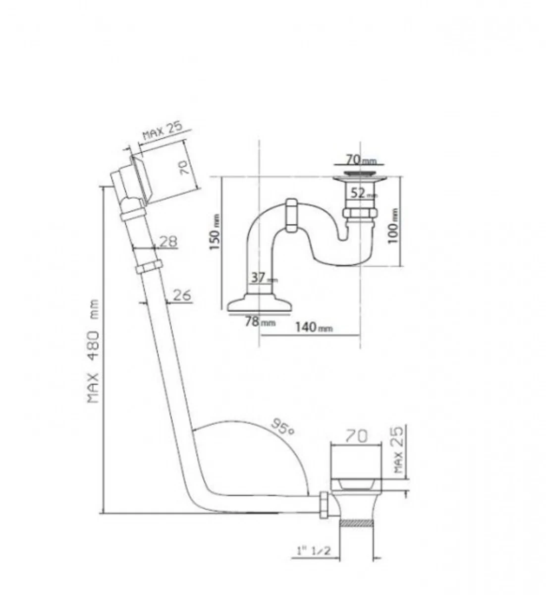 Drain and overflow system including siphon for nostalgic bathtub Venice, Paris, Milan - chrome