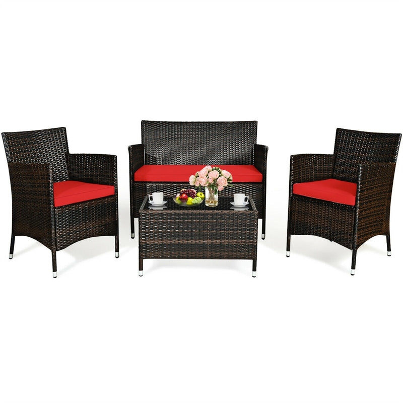 4 Pcs Outdoor Rattan Patio Conversation Set Wicker Furniture Set with Coffee Table and Cushion Sofas