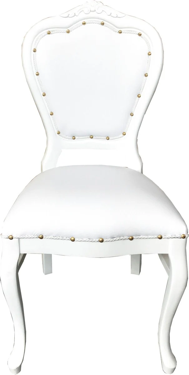 Baroque Luxury Dining Room Chair White Faux Leather / White - Handmade Furniture