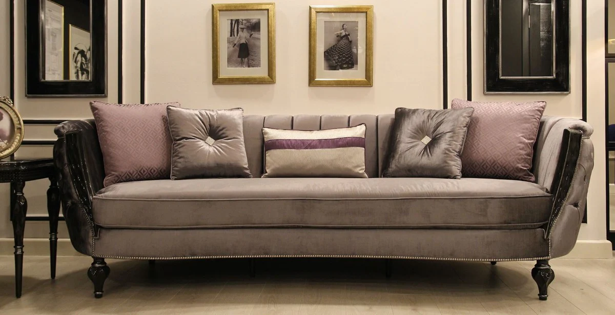 Luxury baroque sofa gray / black / silver 265 x 90 x H. 85 cm - living room sofa with elegant velvet fabric - baroque furniture