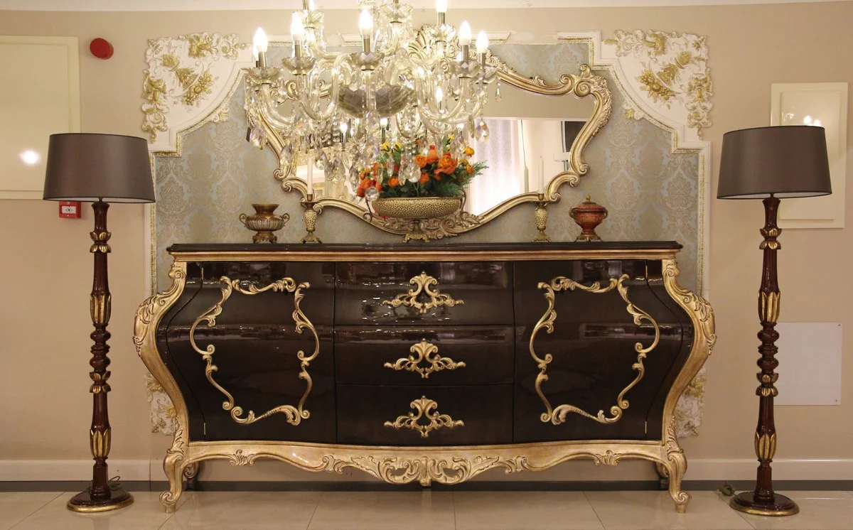 Luxury baroque chest of drawers with wall mirror dark brown / gold - handmade solid wood cabinet with elegant mirror - magnificent furniture in baroque style