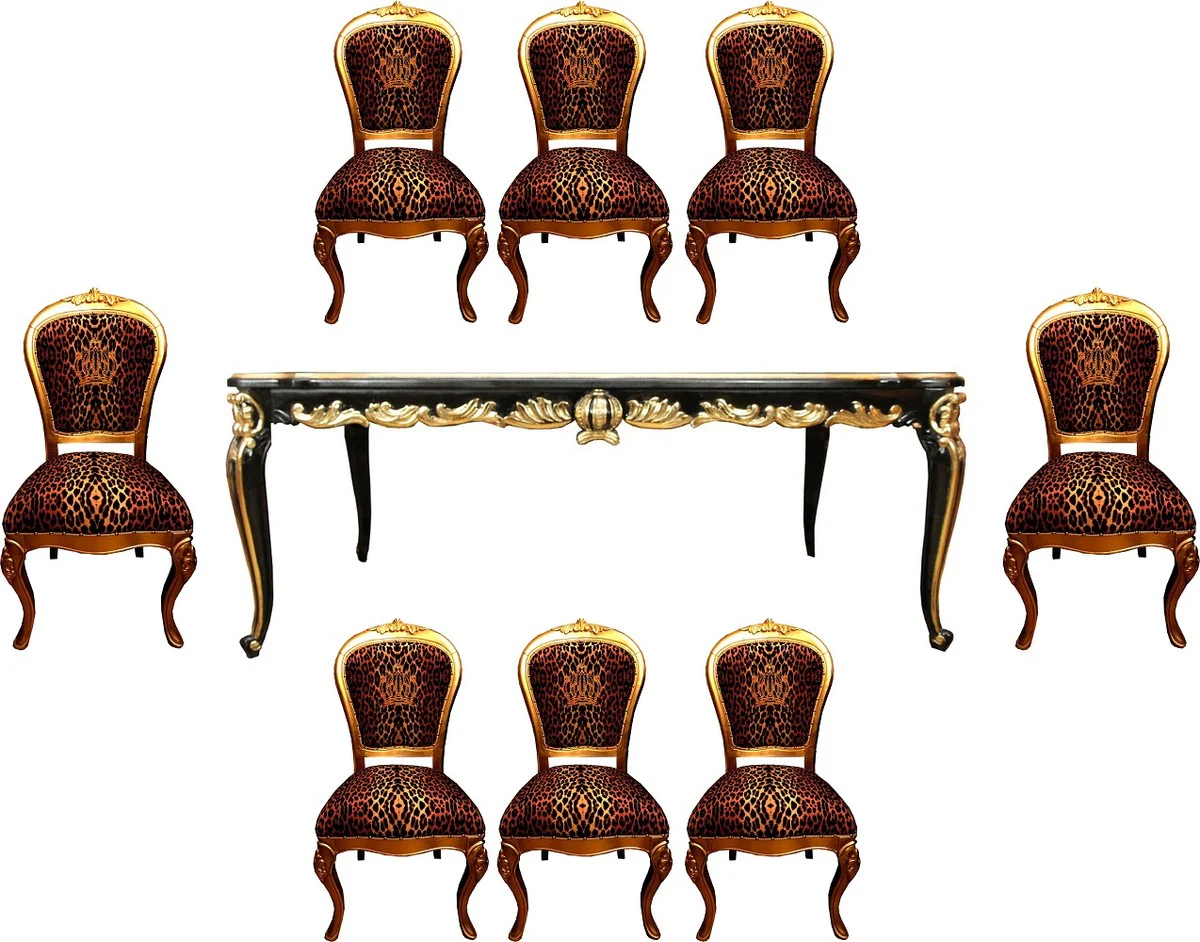 Pompöös by Baroque luxury dining room set - Pompöös Baroque dining table with glass top and 8 chairs with glittering stones designed by Harald Glööckler - Baroque dining room furniture